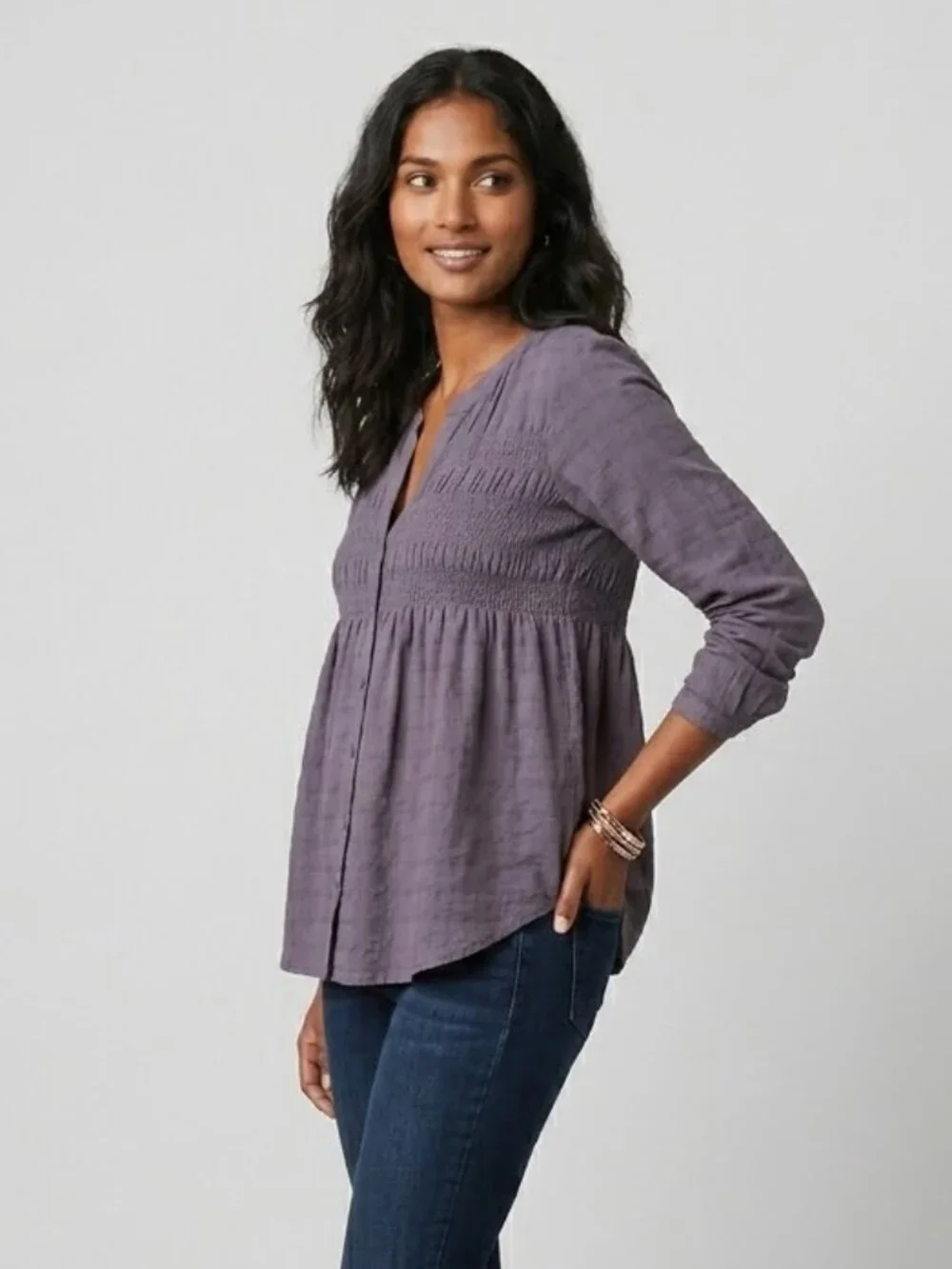 Boho Tunic Blouse Smocked Henley Long Sleeve Gray Medium - Picture 2 of 16